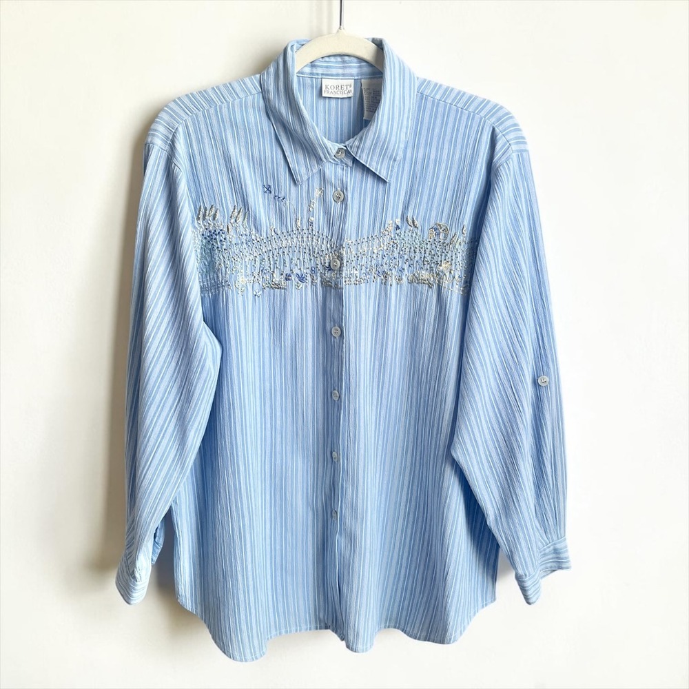 Vintage Button Up Shirt Women's XL Blue White Stripes Cottage Embroidery Flowers